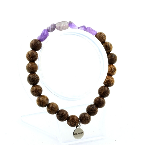 Amethyst from Brazil + wood Bracelet 8 mm Beads.