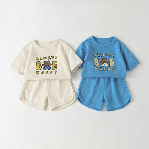 Baby Cartoon Bear & Slogan Pattern Waffle Fabric Tops Combo Solid