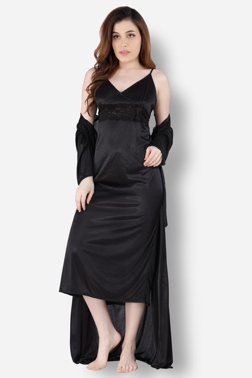 Romaisa Women's Satin Solid Black Maxi Length Nighty with Robe