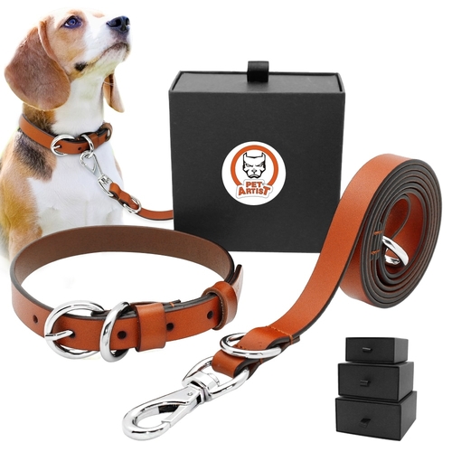 Real Leather Dog Collar and Leash Set Adjustable