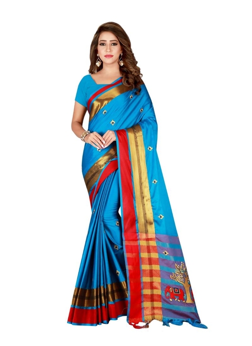 Generic Women's Cotton Blend Saree with Blouse