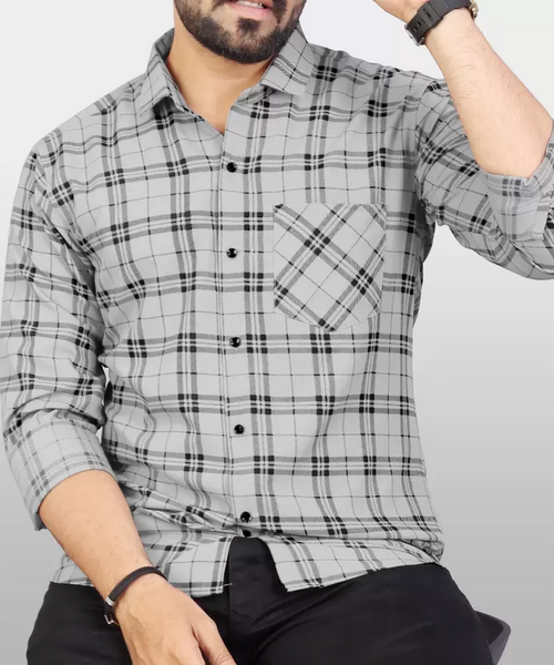 Men Regular Fit Checkered Spread Collar Casual Shirt Light Grey (Size