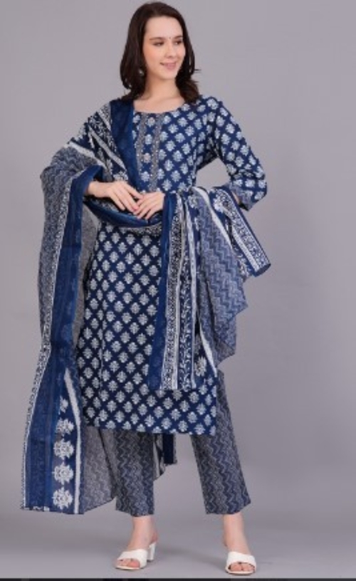 Ethnic Motifs Printed Sequined Pure Cotton Kurta With Trouser &