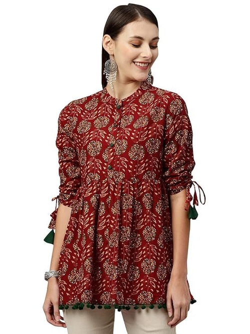 Women's Cotton Floral Print Regular Wear Top (Size-L) (Color-MAROON )