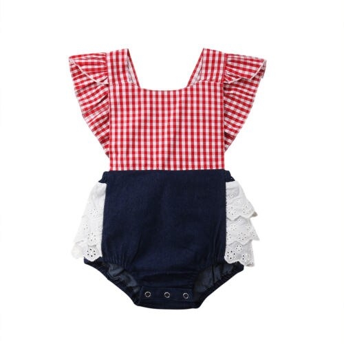 Plaid Newborn Baby Girls Lace Denim  Romper