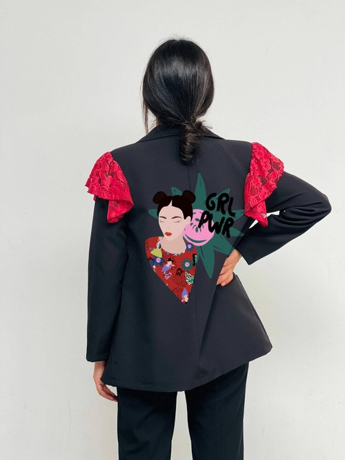 Blazer Volante Encaje Negra Total Sol