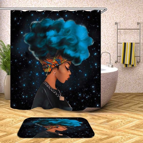 Blue Afro Beautiful Girl Shower Curtain