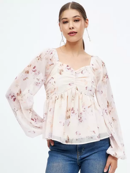 Casual Regular Sleeves Floral Print Women Cream Top (Size M)