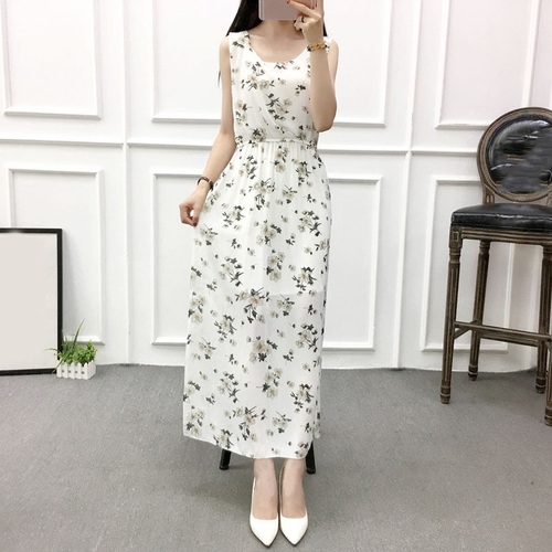 Women Floral Print O Neck Dress Ankle