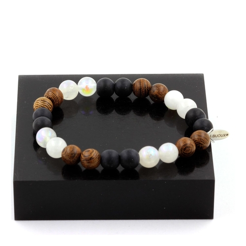 Moonstone + Matte Black Onyx + Wood Bracelet 8 mm.