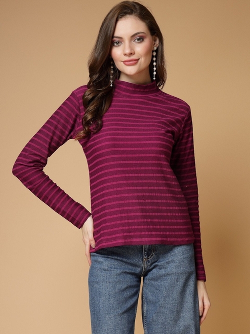 Women Striped Hi-Neck Casual Top (Color Magenta) (Size XL)