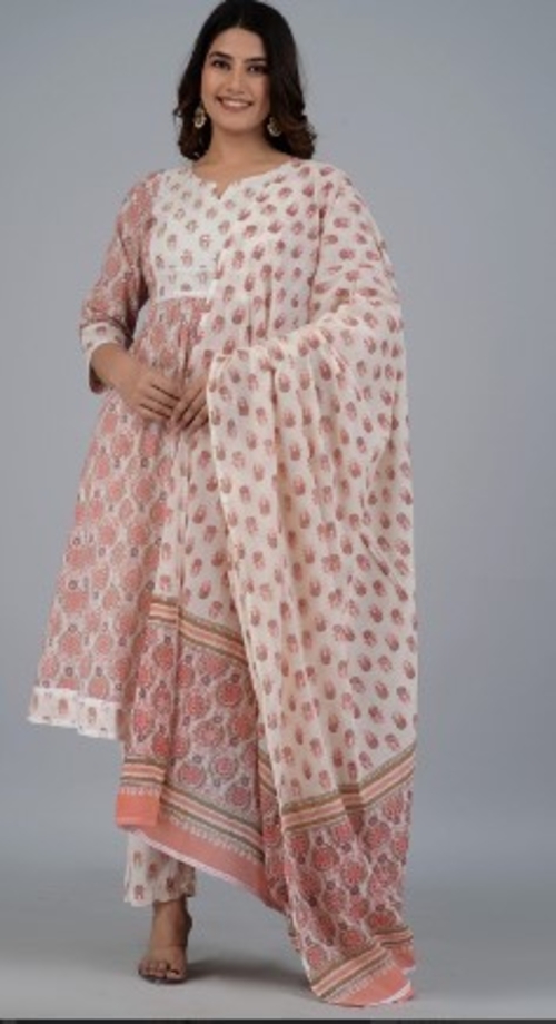 Ethnic Motifs Printed Mirror Work Pure Cotton A-Line Kurta Set