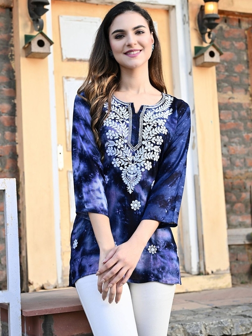 Women Rayon Tie & Dye Computer Embroidered Tunic (Color Blue) (Size M)