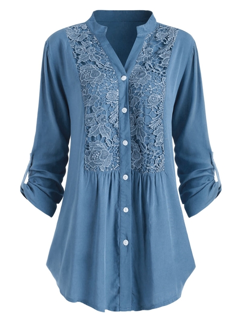  Plus Size Lace Crochet Roll Up Sleeve Shirt