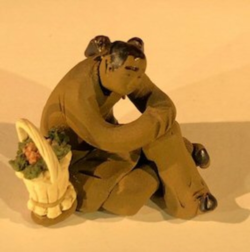 Ceramic Figurine Mud Man Sitting With Basket Of Flowers - 2"