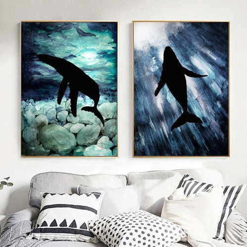 Watercolor Sea Whale Landscape Wall Art