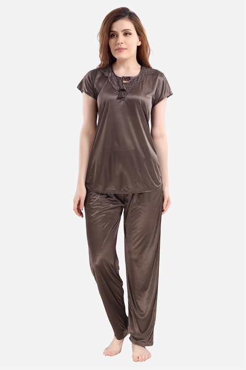 Romaisa Women's Satin Solid Brown Regular Length Top and Pyjama