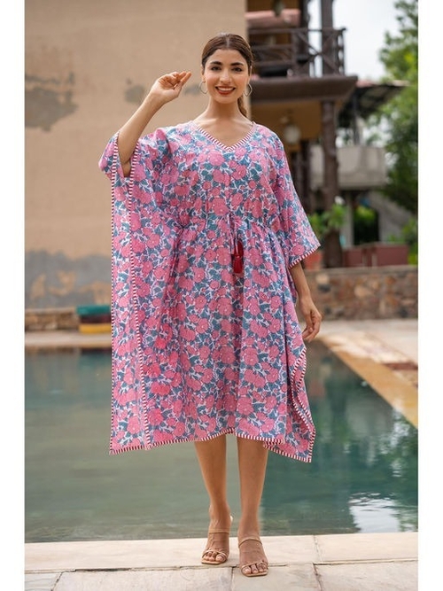 Pink Floral Block Printed Kaftan