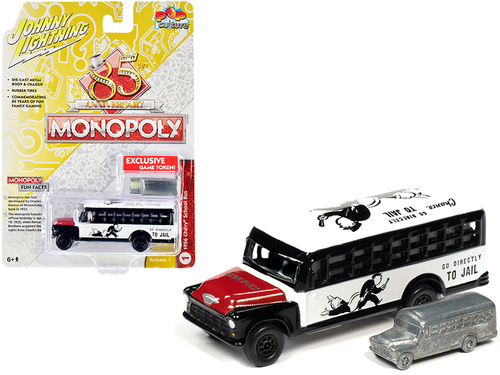 1956 Chevrolet School Bus White and Black with Red Hood and Game Token