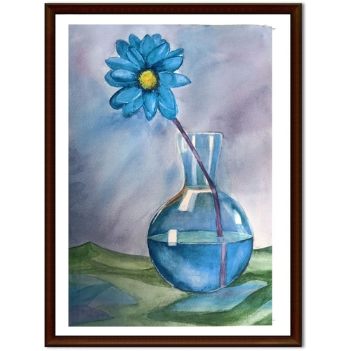 Handmade Blue Flower and Glass Vase Sketch With Frame (A3 Size)