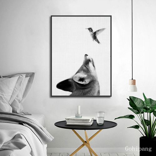 Fox and Bird Black and White Animals Painting