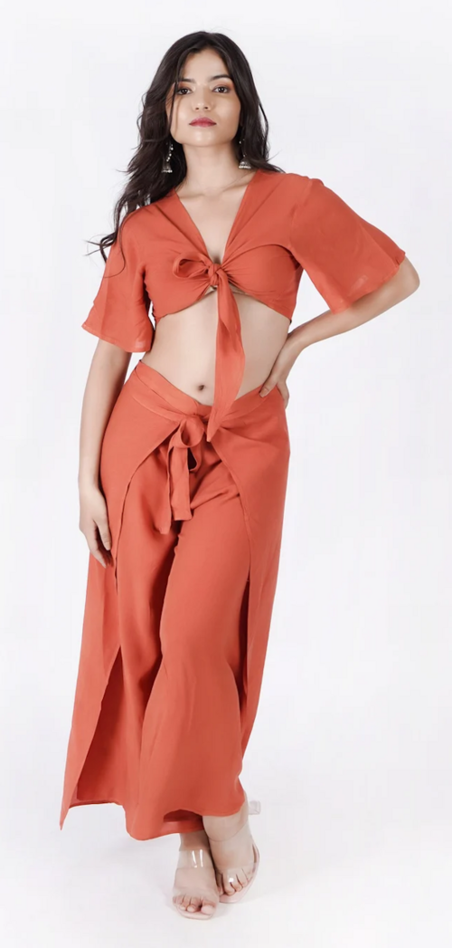 Women's Solid Summer Wrap Trouser & Blouse Set Dress (Color Brick)