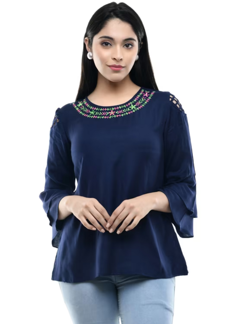Women'S Peplum Round Neck Top (Size-M) (Color-Navy Blue )