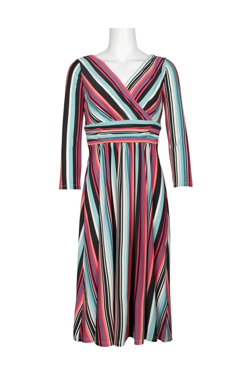 London Times V-Neck 3/4 Sleeve Ruched Waist Zipper Back Multi Print