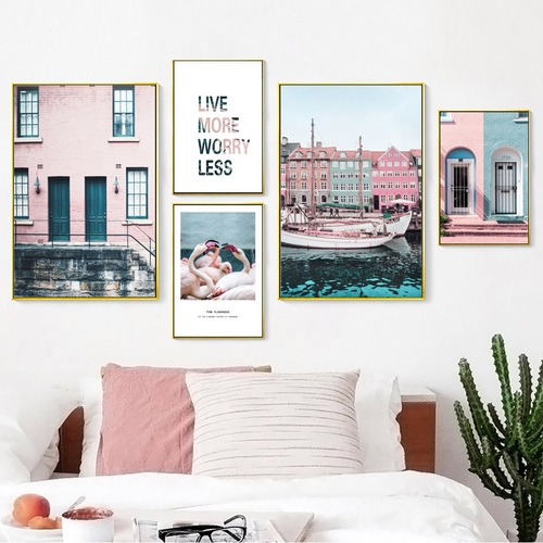 Blue Sea Pink House Landscape Wall Art