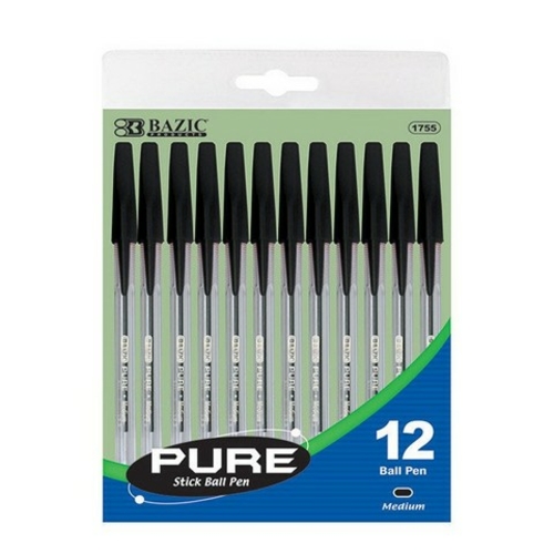 Bazic 1755   Pure Black Stick Pen (12/Pack) Pack of 24