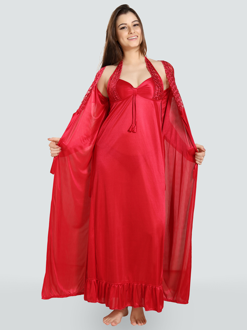 Romaisa Women's Satin Solid Crimson Red Maxi Length Nighty with Robe