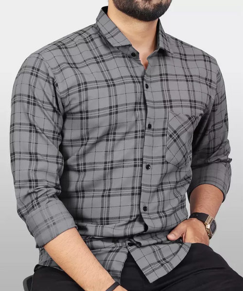 Men Regular Fit Checkered Spread Collar Casual Shirt Grey (Size XL)