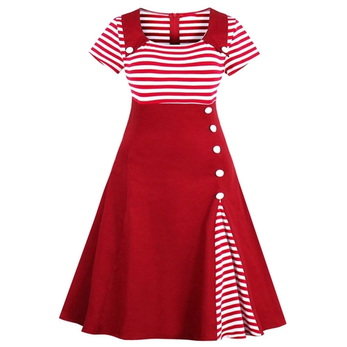 Women Plus Size Button Striped Casual Dress