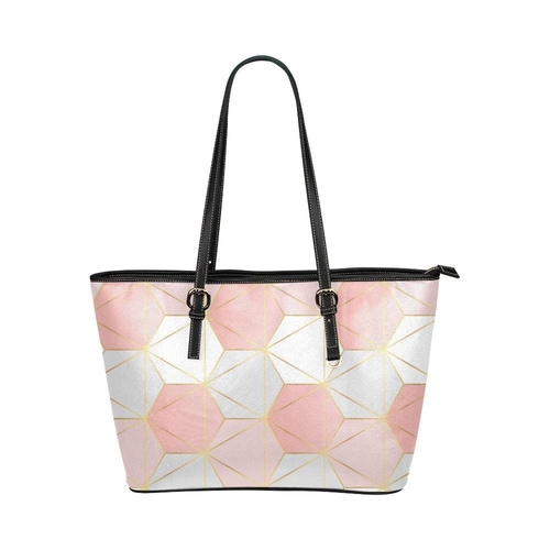 Large Leather Tote Shoulder Bag - Pink and White Geometric Print