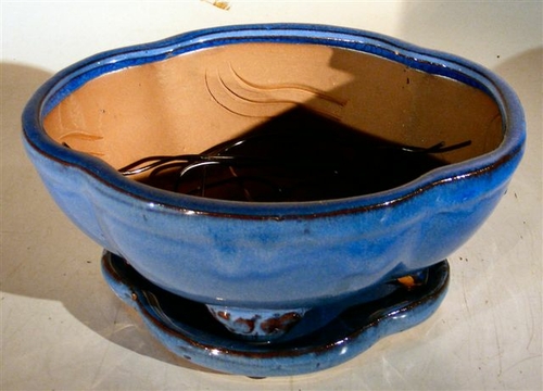 Blue Ceramic Bonsai Pot - OvalProfessional Series with Attached