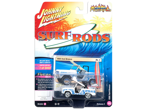 1966 Ford Bronco with Surf Board White and Blue Designs \Street