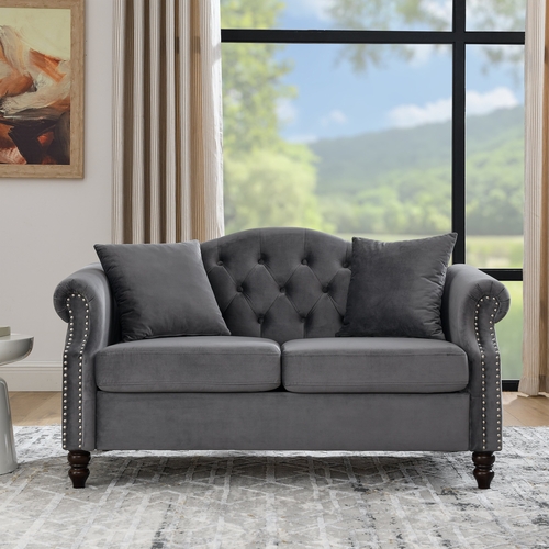 57" Chesterfield Sofa Grey Velvet for Living Room, 2 Seater Sofa