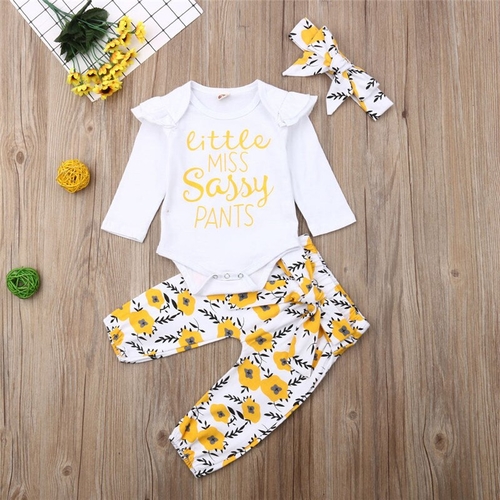 3PCs Newborn Baby Girl Floral Plain Long Sleeve