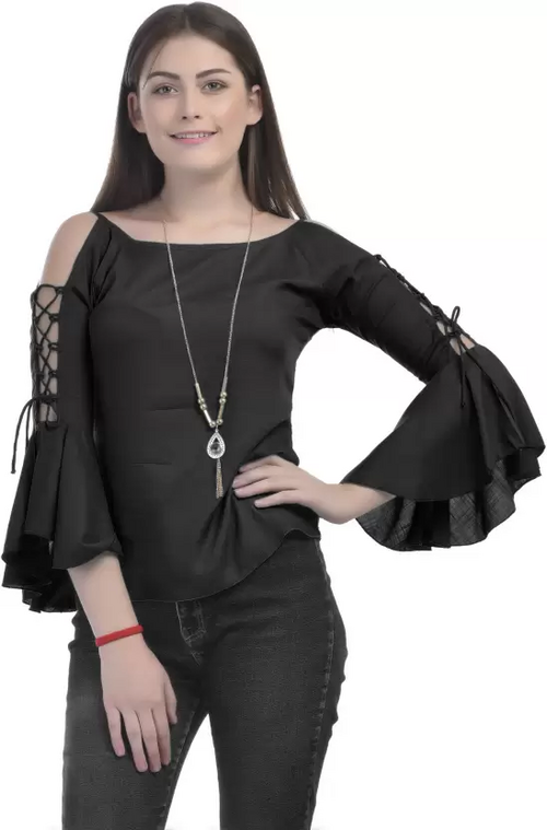 Casual Cold Shoulder Bell Sleeves Solid Women Top (Size-M) DARK GREEN)