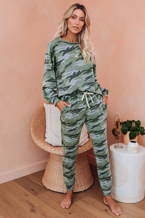 Green Bat Sleeve Camouflage Drawstring Pajama Set