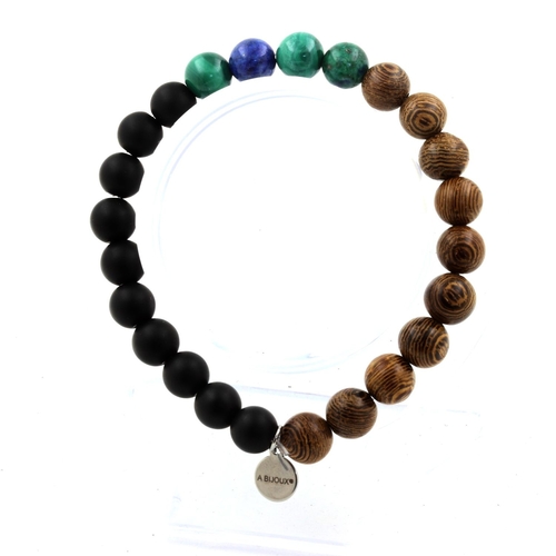 Malachite + Azurite Chrysocolla + Matte Black Onyx + Wood Bracelet