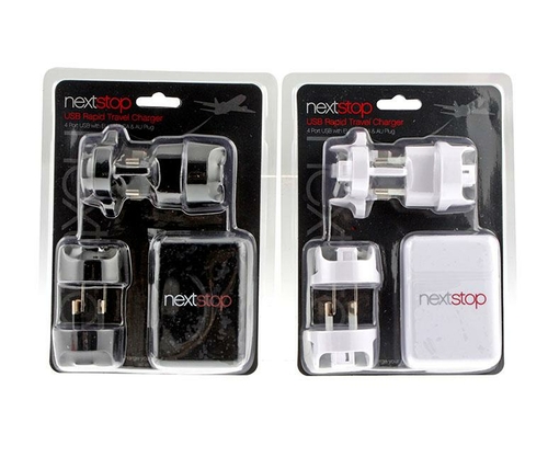 4 Port USB Rapid Travel Charger 2 Assorted Colours