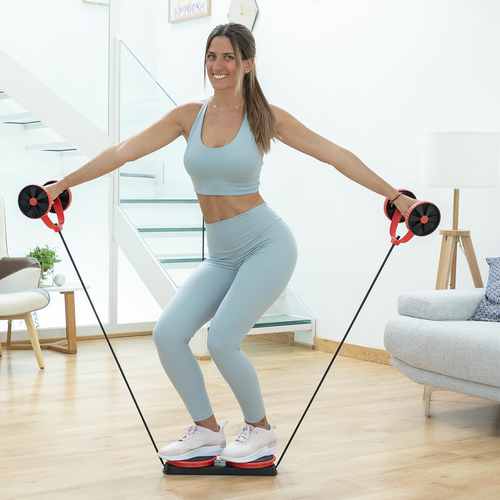 Abdominal Roller with Rotating Discs, Elastic Bands and Exercise Guide