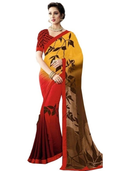 Georgette Digital Printed Saree With Blouse-Red,