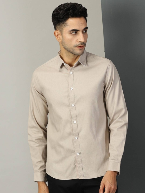 Men Regular Fit Washed Casual Shirt Beige Size M