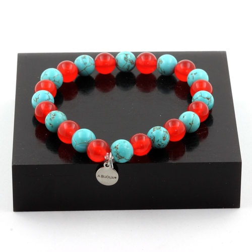 Turquoise + Red Chalcedony Bracelet 8 mm Beads.