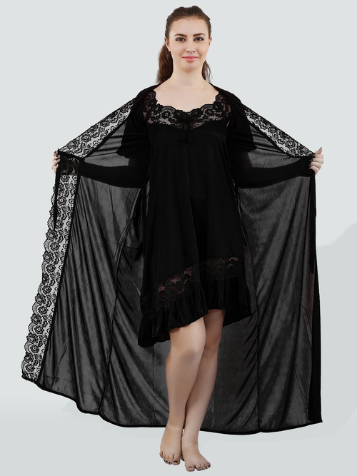 Romaisa Women's Satin Solid Black Nighty with Robe
