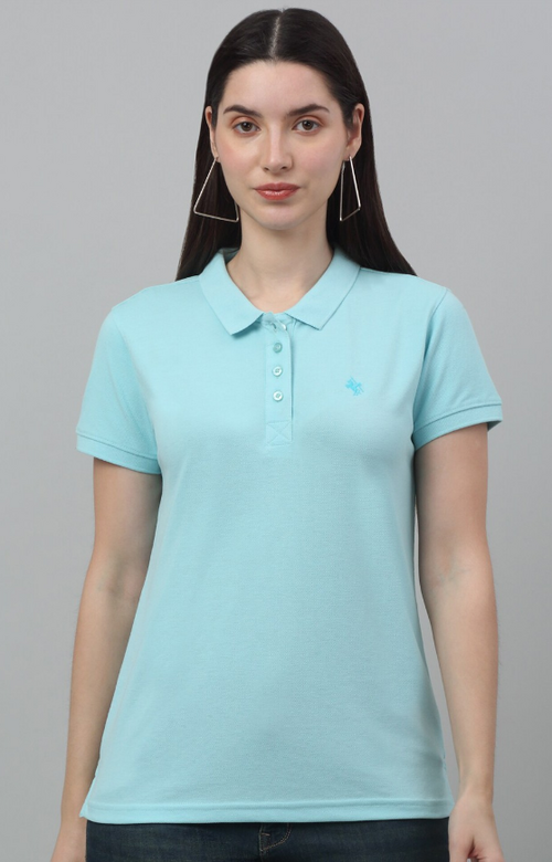 Women Solid Polo Collar T-shirt (ColorSky Blue) (Size M)