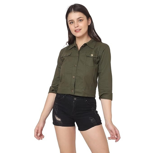 Twill Buttoned Women Regular Jacket (Size-M) (Color-DARK GREEN)