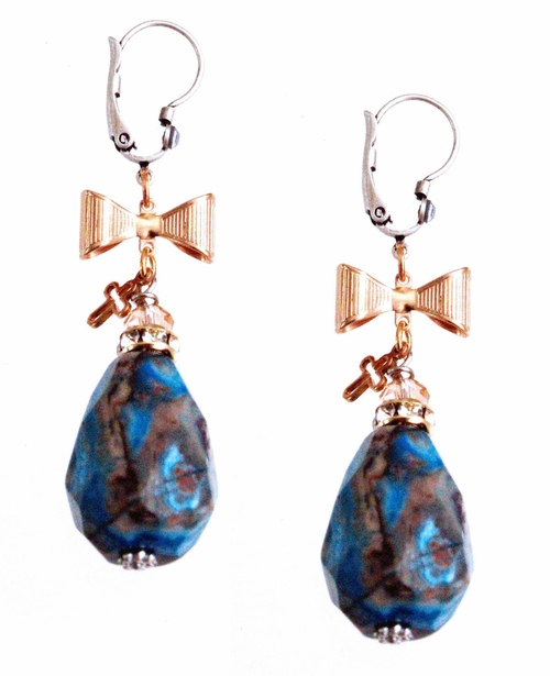 Blue Agate Stones Earrings with Rose Gold Plated Bows and Cross